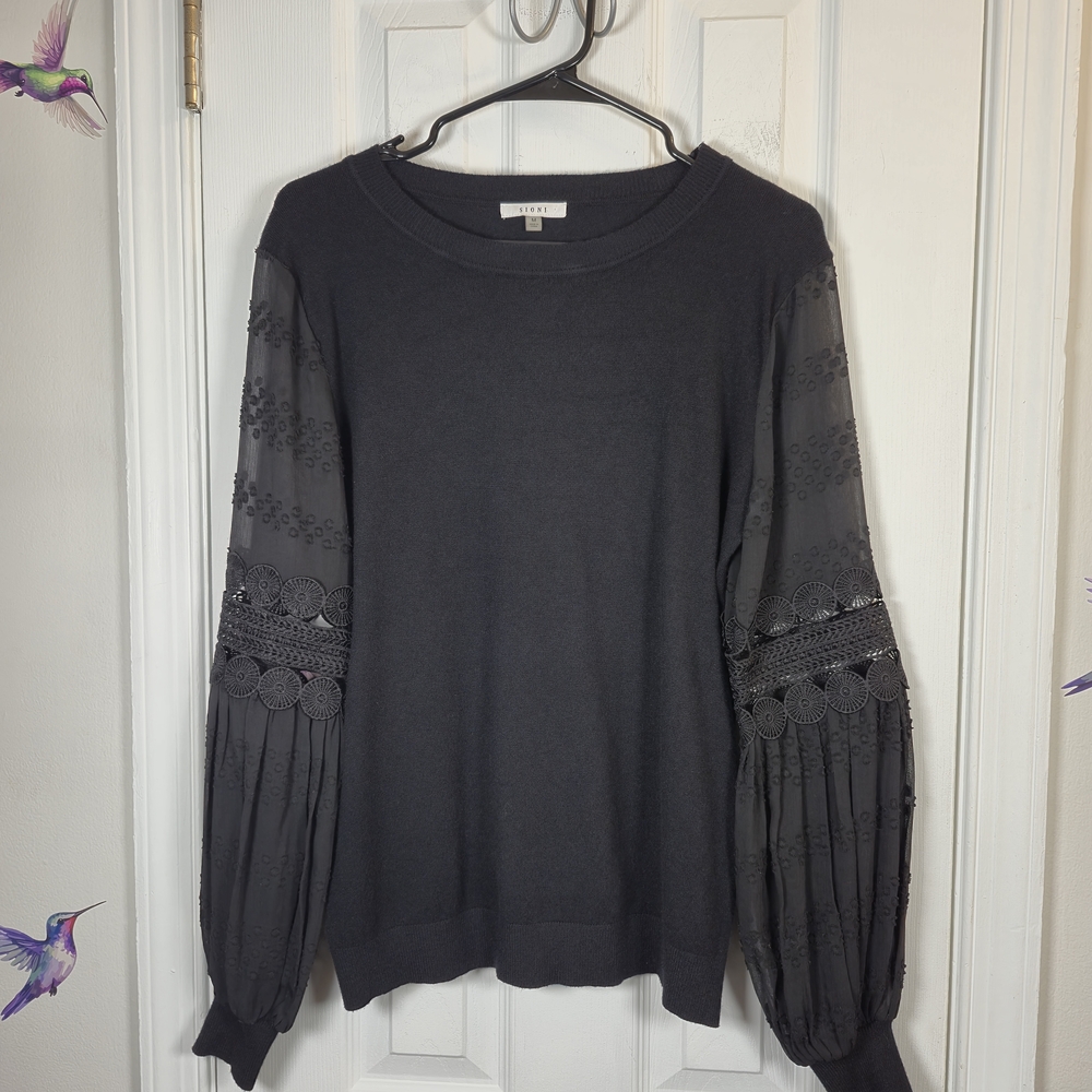 Sioni Black Wool Blend Knit Sweater Sheer Lace Mesh Embroidery Puff Sleeve M